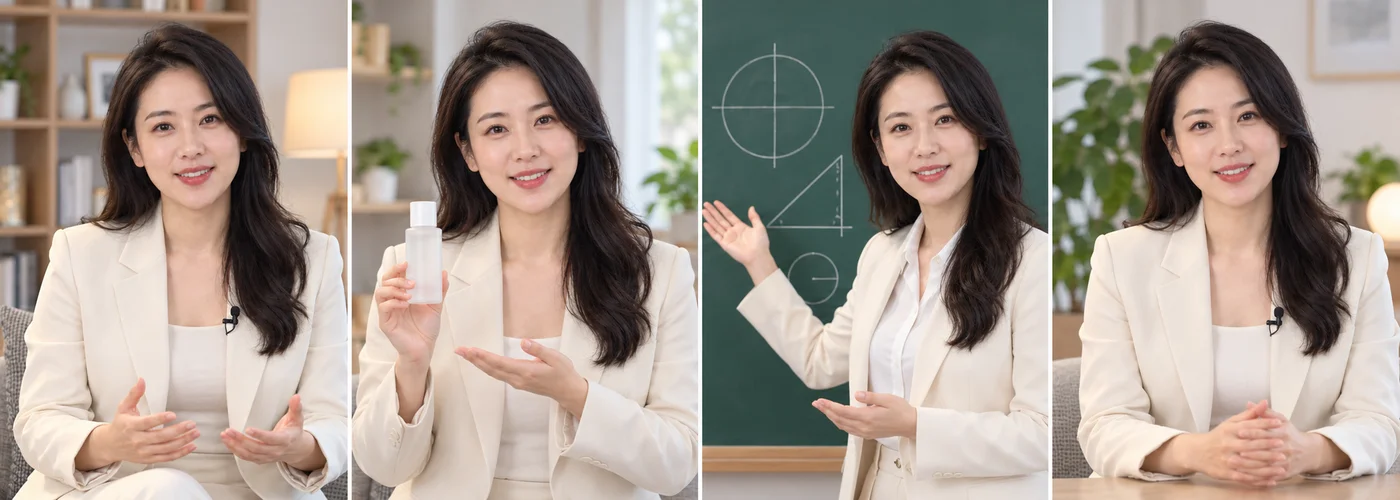 知识讲解、产品介绍、课程讲解与品牌宣传的四种数字人口播画面示意